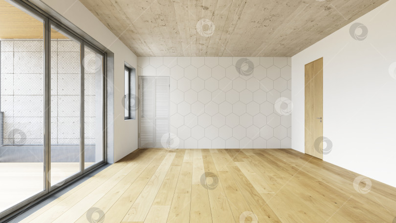 Скачать Интерьер пустой комнаты с шестиугольной плиткой на стенах и раздвижными стеклянными дверями. 3D-рендеринг нового дома фотосток Ozero