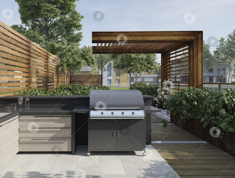 Скачать Современная уличная кухня с газовым грилем в деревянном патио. 3D-рендеринг площадки для барбекю на заднем дворе фотосток Ozero