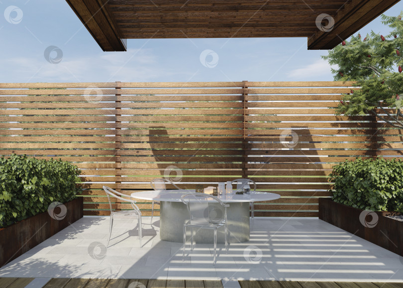 Скачать 3D-рендеринг обеденного дворика на открытом воздухе. Прозрачные стулья и овальный стол в деревянной беседке фотосток Ozero