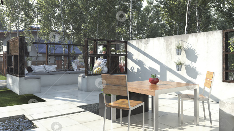 Скачать 3D-рендеринг современного внутреннего дворика на открытом воздухе. Деревянный обеденный стол и бетонные кресла в солнечном свете фотосток Ozero
