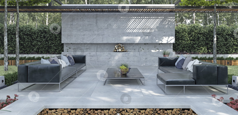 Скачать Современная зона отдыха на открытом воздухе с темными диванами и бетонной стеной. 3d-рендеринг роскошной террасы во внутреннем дворике фотосток Ozero