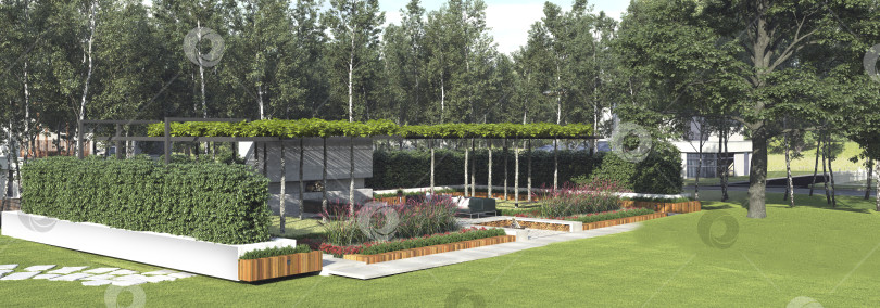 Скачать 3D-рендеринг современного ландшафтного сада. Открытый внутренний дворик с беседкой, камином и зеленой лужайкой фотосток Ozero