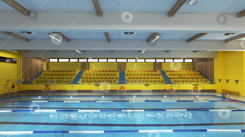 Скачать 3D-рендеринг пустого крытого бассейна. Синие водные дорожки и желтые трибуны стадиона. фотосток Ozero