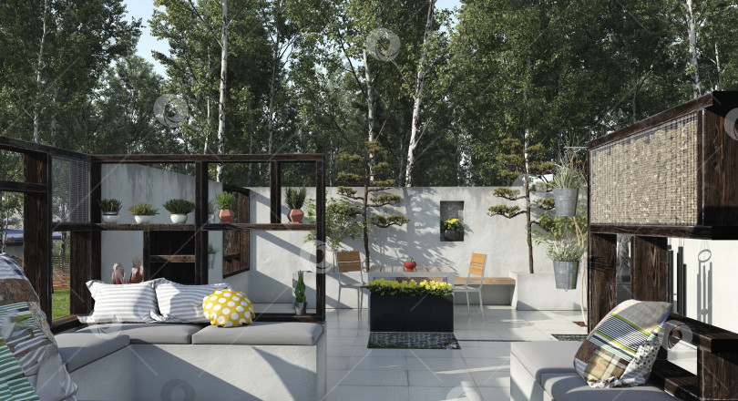 Скачать 3D-рендеринг современного внутреннего дворика на открытом воздухе. Терраса на заднем дворе с мебелью для отдыха и растениями в горшках фотосток Ozero