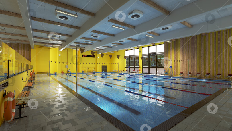 Скачать Современный интерьер крытого плавательного бассейна. 3D-иллюстрация пустого спортивного сооружения с водными дорожками фотосток Ozero