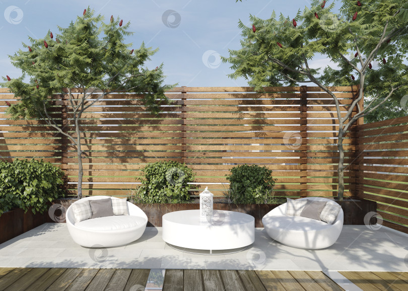 Скачать Современная зона отдыха на заднем дворе с белой мебелью. 3D-изображение внутреннего дворика с деревянным забором фотосток Ozero