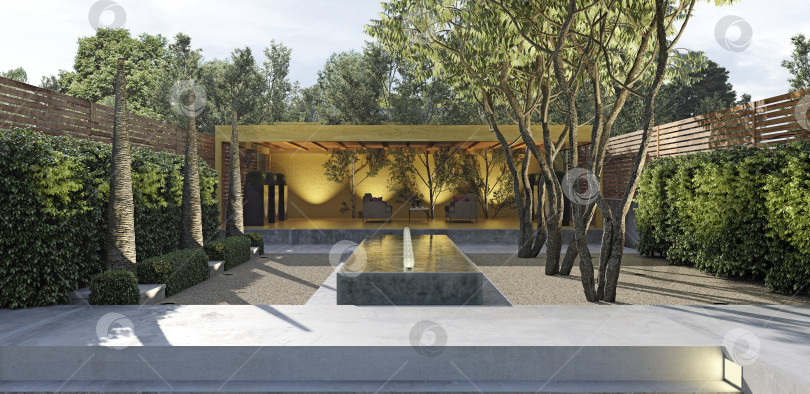 Скачать Современный сад на открытом воздухе с водоемом и беседкой. 3D-рендеринг роскошного внутреннего дворика на заднем дворе фотосток Ozero
