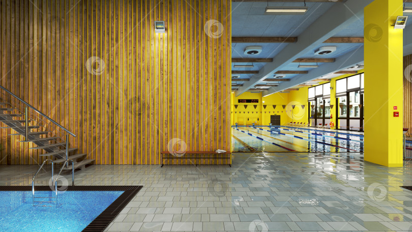 Скачать Пустой крытый бассейн с желтыми стенами и деревянными панелями. Спортивный центр. 3D рендеринг фотосток Ozero