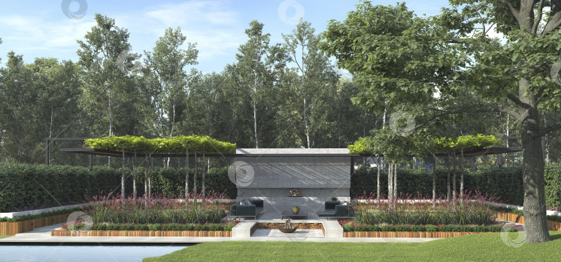 Скачать 3d-рендеринг современного ландшафтного внутреннего дворика с садом. Зона отдыха на открытом воздухе с бетонным камином фотосток Ozero