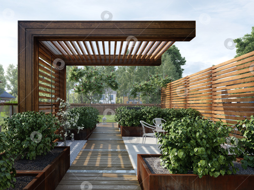 Скачать Современная открытая терраса с деревянной беседкой и стальными вазонами corten. 3D-рендеринг внутреннего дворика фотосток Ozero