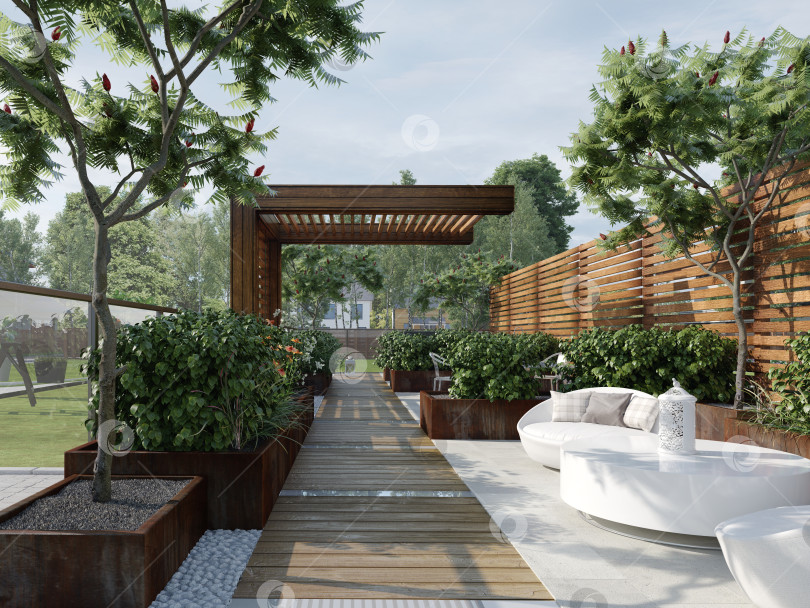 Скачать Современный внутренний дворик с деревянной беседкой и белой мебелью для отдыха. 3D-рендеринг роскошной террасы фотосток Ozero