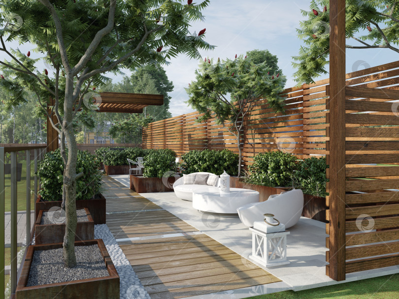 Скачать 3D-рендеринг современного внутреннего дворика на открытом воздухе. Деревянная терраса с решетчатым ограждением и белой мебелью для отдыха фотосток Ozero