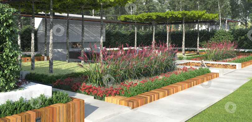 Скачать Современный ландшафтный дизайн сада на открытом воздухе с бетонными дорожками и ямой для костра. 3d-рендеринг заднего двора фотосток Ozero