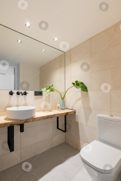 Скачать Вертикальный снимок светлой ванной комнаты с бежевой плиткой на стенах и большим зеркалом, раковиной в деревянной столешнице и унитазом. Концепция ремонта в старой квартире фотосток Ozero