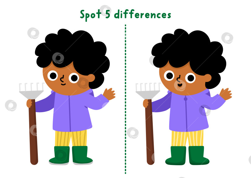 Скачать Игра для детей "Найди отличия в саду". Весеннее развивающее занятие с мальчиком-садовником, который стоит с граблями в руках. Милая головоломка для детей. Рабочий лист для печати, страница для развития логики и внимания фотосток Ozero