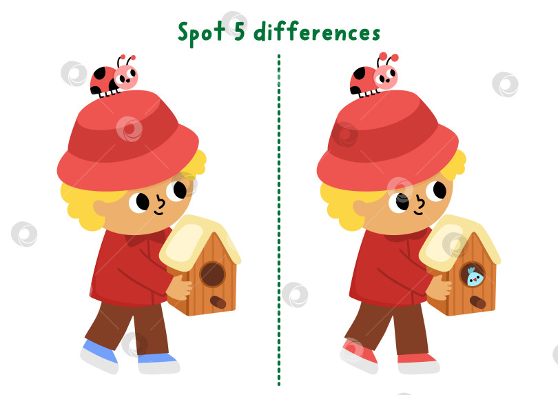 Скачать Игра для детей "Найди отличия в саду". Весеннее развивающее занятие с мальчиком-садовником, собирающим скворечник. Милая головоломка для детей. Рабочий лист для печати, страница для развития логики и внимания фотосток Ozero