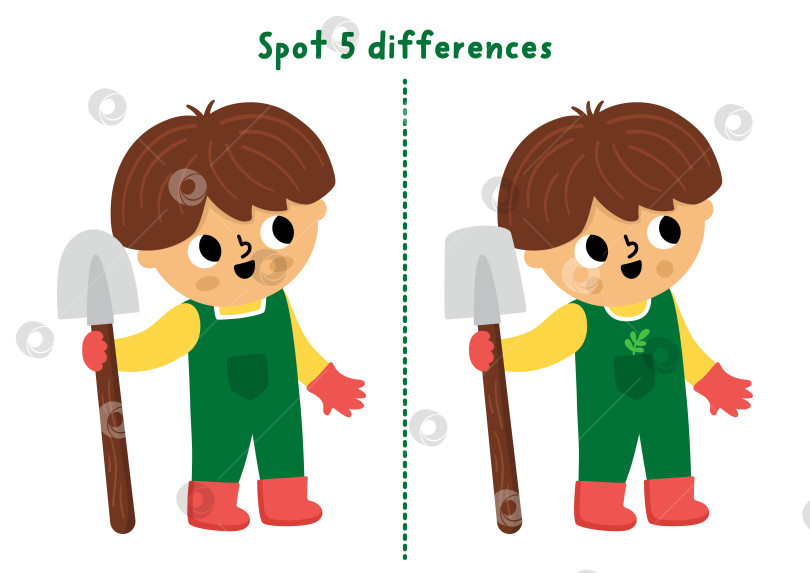 Скачать Игра для детей "Найди отличия в саду". Весеннее развивающее занятие с мальчиком-садовником, стоящим с лопатой в руках. Симпатичная головоломка для детей. Рабочий лист для печати, страница для развития логики и внимания фотосток Ozero