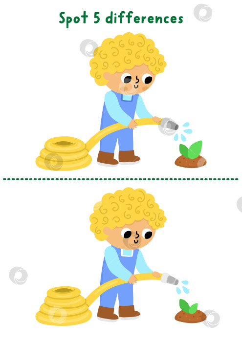 Скачать Игра для детей "Найди отличия в саду". Весеннее развивающее занятие с мальчиком-садовником, который поливает растения из шланга. Милая головоломка для детей. Рабочий лист для печати, страница для развития логики и внимания фотосток Ozero