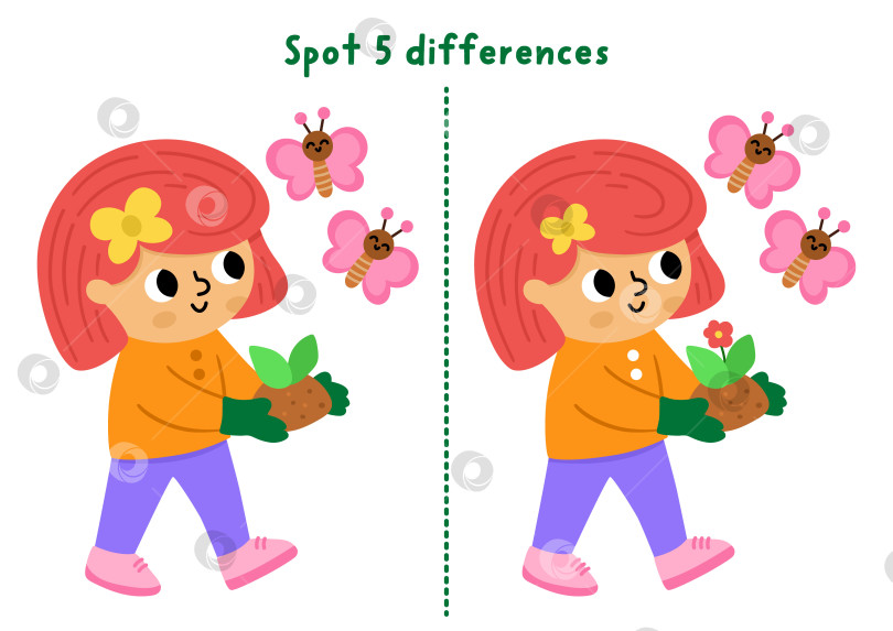 Скачать Игра для детей "Найди отличия в саду". Весеннее развивающее занятие с девочкой-садовником, которая занимается растениями и бабочками. Милая головоломка для детей. Рабочий лист для печати, страница для развития логики и внимания фотосток Ozero