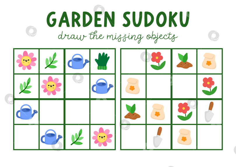 Скачать Векторная садовая головоломка-судоку для детей с картинками. Весенняя викторина для загородного дома с лейкой, цветком, семенами, перчаткой, лопатой. Весеннее праздничное мероприятие с традиционным символом. Нарисуйте недостающий объект фотосток Ozero
