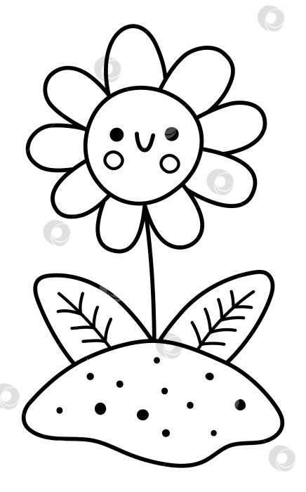 Скачать Векторная черно-белая иконка улыбающегося цветка. Иллюстрация цветущего растения, растущего на земле. Клипарт с кавайными цветами. Раскраска "Милое лето, сад или пасхальная деревня". фотосток Ozero