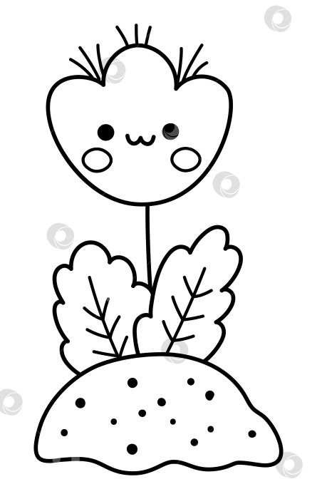 Скачать Векторная черно-белая иконка улыбающегося цветка. Цветущее растение, растущее на наземной иллюстрации. Цветочный кавайный клипарт, раскраска. Цветение летом, в саду или пасхальной деревне на белом фоне фотосток Ozero