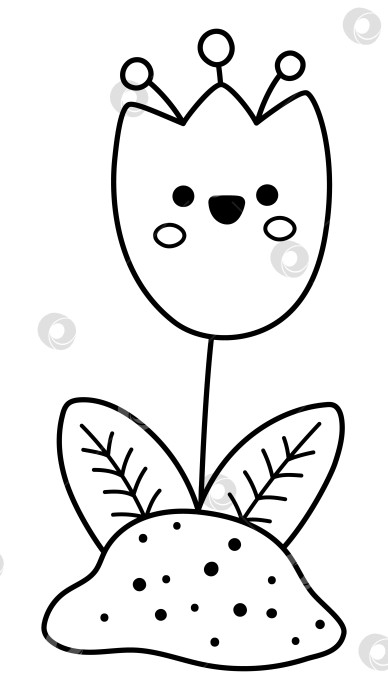 Скачать Векторная черно-белая иконка улыбающегося цветка. Иллюстрация цветущего колокольчика, растущего на земле. Кавайный линейный клипарт с колокольчиками, страница-раскраска. Милое лето, колокольчик в саду, изолированный на белом фоне фотосток Ozero