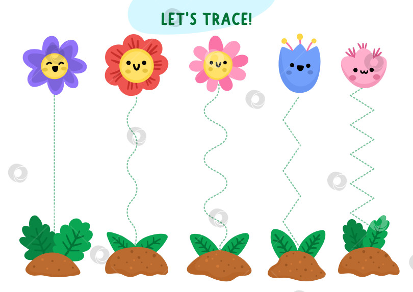 Скачать Векторный лист для отработки рукописного ввода в саду с растущими цветами и стеблями. Занятие для дошкольников, пригодное для печати. Весенняя игра для развития навыков письма с улыбающимися кавайными растениями фотосток Ozero