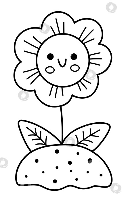 Скачать Векторная черно-белая иконка улыбающегося цветка. Иллюстрация цветущего растения, растущего на земле. Цветочный кавайный клипарт. Милая линия летнего цветения, сада или пасхальной деревни, раскраска фотосток Ozero