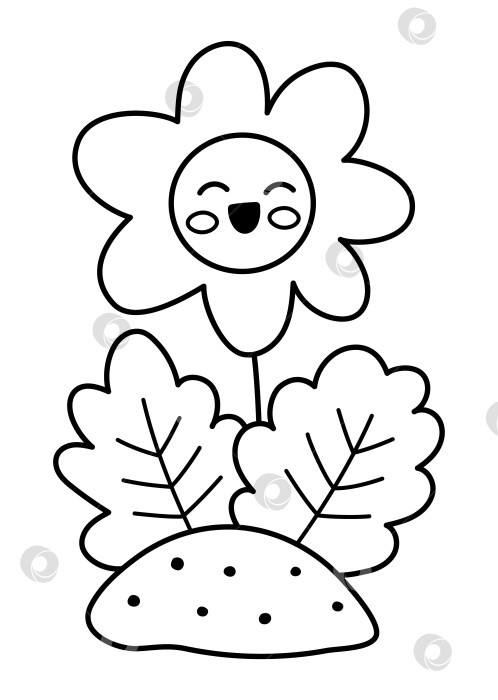 Скачать Векторная черно-белая иконка улыбающегося цветка. Иллюстрация цветущего растения, растущего на земле. Клипарт с цветочными кавайными линиями. Раскраска "Милое летнее цветение в саду или пасхальной деревне". фотосток Ozero