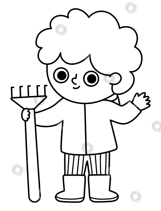 Скачать Векторный черно-белый мальчик, стоящий с граблями и машущий рукой. Симпатичный детский клипарт садовника. Забавный ребенок, выполняющий садовые работы, сгребающий листья. Весенний или летний деревенский значок, раскраска фотосток Ozero