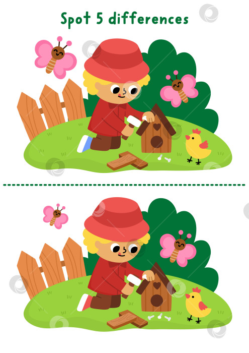 Скачать Игра для детей "Найди отличия в саду". Весеннее развивающее занятие с мальчиком-садовником, который строит скворечник. Головоломка для детей. Рабочий лист для печати, страница для развития логики и внимания со сценой природы фотосток Ozero