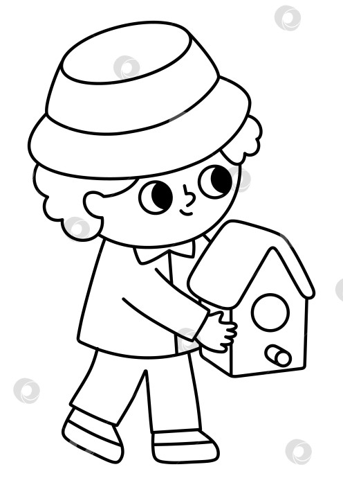 Скачать Черно-белая иллюстрация весеннего сада с мальчиком, идущим с деревянным скворечником. Векторный загородный дом, концепция фермы. Симпатичная линия, изображающая ребенка, работающего в саду. Детский клипарт, раскраска фотосток Ozero