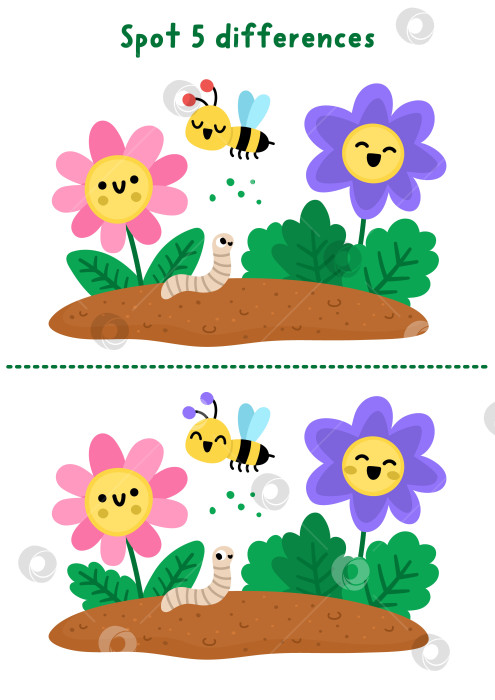 Скачать Игра для детей "Найди отличия в саду". Весеннее развивающее занятие с улыбающимися кавайными цветами на клумбе и забавной пчелкой. Милая головоломка для детей. Рабочий лист для печати, страница для развития логики и внимания фотосток Ozero