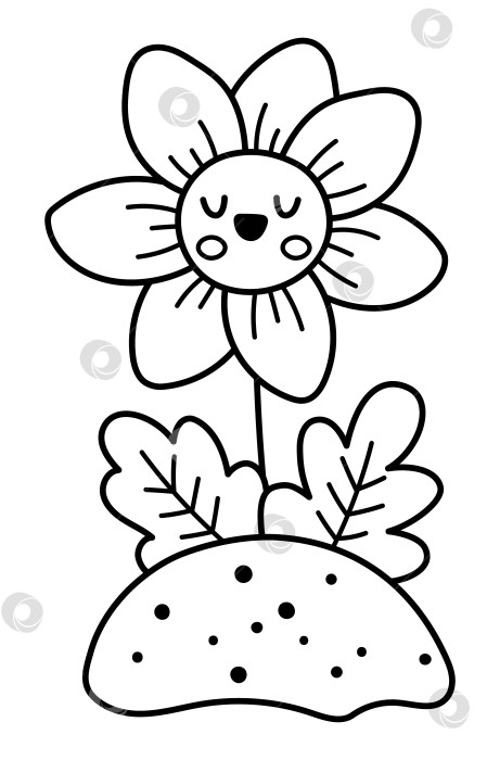 Скачать Векторная черно-белая иконка улыбающегося цветка. Иллюстрация цветущего растения, растущего на земле. Цветочный кавайный клипарт. Милая линия летнего цветения, сада или пасхальной деревни, раскраска фотосток Ozero