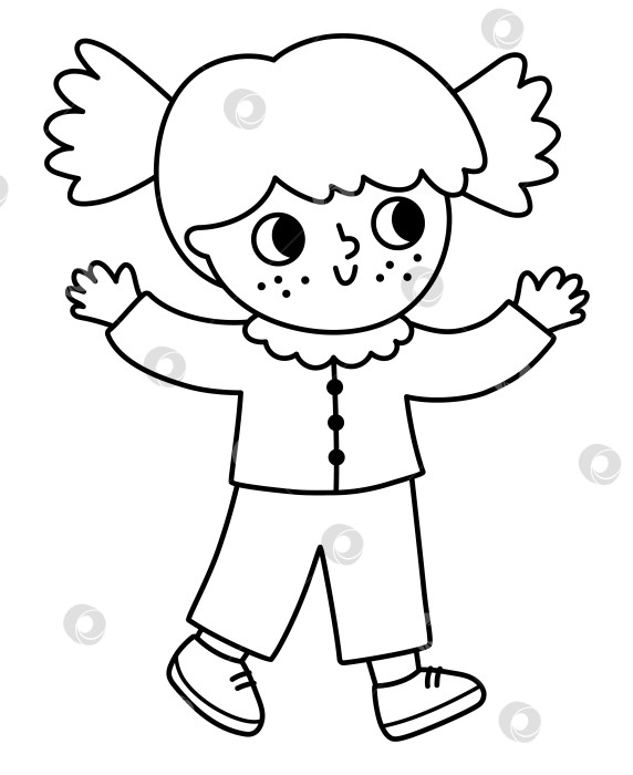 Скачать Векторная черно-белая девушка, стоящая или идущая с протянутыми руками. Милый счастливый детский клипарт с поднятыми руками. Забавная радостная детская раскраска. Иллюстрация линии природы с детьми фотосток Ozero