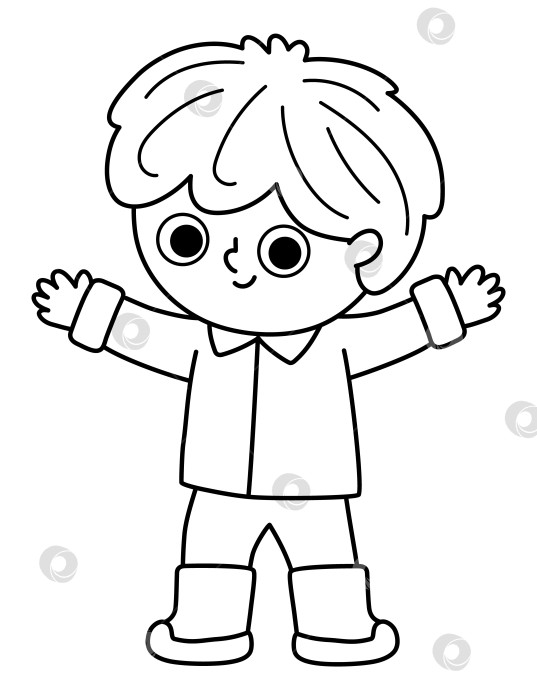Скачать Векторный черно-белый мальчик, стоящий с протянутыми руками. Милый счастливый детский клипарт. Забавная радостная детская раскраска. Иллюстрация линии природы с детьми фотосток Ozero