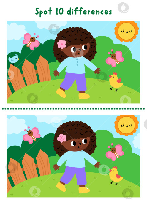 Скачать Игра "Найди отличия в саду" для детей. Весеннее развивающее занятие с бабочкой и цыпленком. Головоломка для детей. Рабочий лист для печати, страница для развития логики и внимания со сценой природы фотосток Ozero