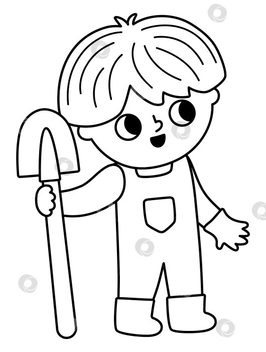 Скачать Векторный черно-белый мальчик, стоящий с лопатой и смотрящий вверх. Симпатичный детский клипарт садовника. Забавный ребенок, выполняющий садовые работы, сгребающий листья. Иллюстрация линии природы, раскраска с детьми фотосток Ozero