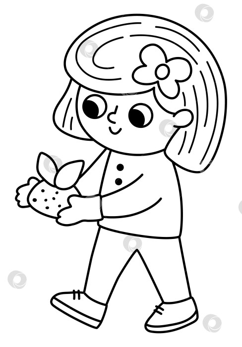 Скачать Черно-белая иллюстрация весеннего сада с девочкой, идущей с детенышем растения в руках. Векторный загородный дом, концепция фермы. Симпатичная линия, изображающая ребенка, работающего в саду. Детский клипарт, раскраска фотосток Ozero