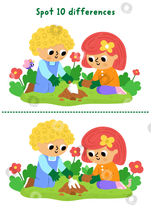 Скачать Игра для детей "Найди отличия в саду". Весеннее развивающее занятие с мальчиком и девочкой, которые сажают семена. Головоломка для детей. Рабочий лист для печати, страница для развития логики и внимания со сценой природы фотосток Ozero