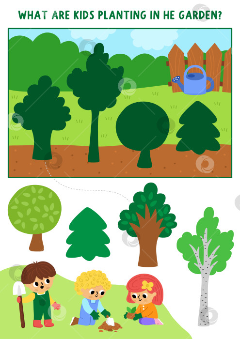 Скачать Занятие по подбору теней в саду с детьми-садовниками, которые сажают деревья. Весенняя головоломка для детей. Найдите правильный силуэт. Рабочий лист, игра, страница для печати с изображением мальчика и девочки, занимающихся садоводством. фотосток Ozero
