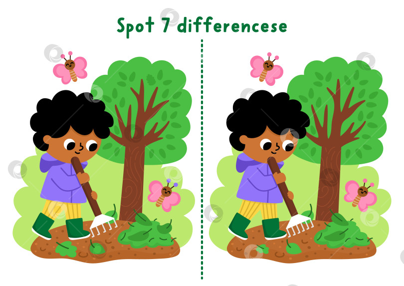 Скачать Игра для детей "Найди отличия в саду". Весеннее развивающее занятие с мальчиком-садовником, который сгребает листья граблями. Головоломка для детей. Рабочий лист для печати, страница для развития логики и внимания со сценой природы фотосток Ozero