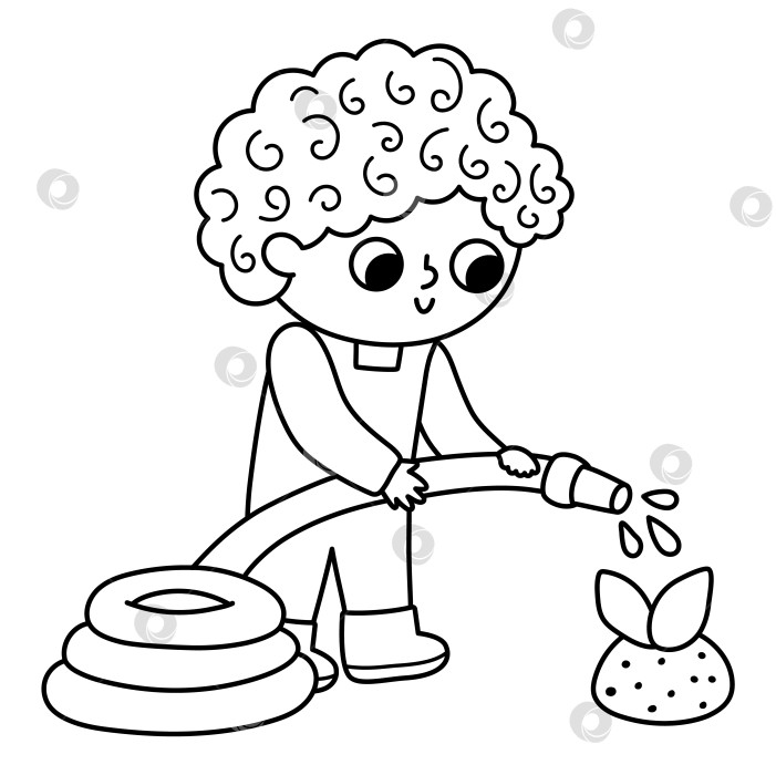 Скачать Векторный черно-белый мальчик, поливающий растение из шланга. Симпатичный детский клипарт садовника. Забавная линия ребенка, выполняющего садовые работы. Иллюстрация природы, раскраска с детьми фотосток Ozero