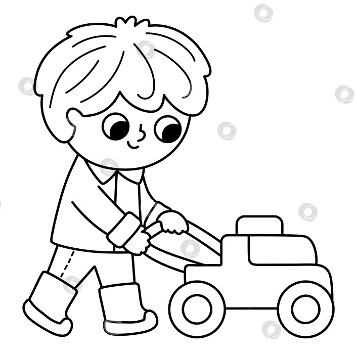 Скачать Векторный черно-белый мальчик, косящий траву газонокосилкой. Симпатичный детский клипарт садовника. Ребенок занимается садоводством. Иллюстрация линии природы. Весенний или летний значок страны, раскраска фотосток Ozero