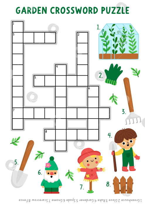 Скачать Векторный садовый кроссворд для детей. Викторина с оранжереей, мальчиком-садовником, пугалом, гномом, граблями, лопатой для детей. Милое весеннее образовательное занятие по составлению кроссвордов с традиционными символами фотосток Ozero