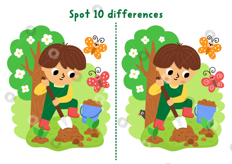 Скачать Игра для детей "Найди отличия в саду". Весеннее развивающее занятие с мальчиком-садовником, который копает землю, сажает рассаду. Головоломка для детей. Рабочий лист для печати, страница для развития логики и внимания со сценой природы фотосток Ozero