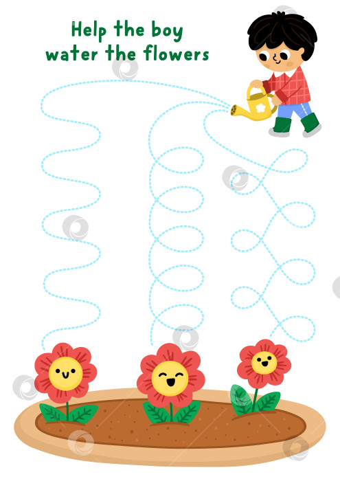 Скачать Векторный лист для отработки рукописного ввода в саду с мальчиком-садовником, поливающим цветы. Занятие для дошкольников, пригодное для печати. Весенняя игра для развития навыков письма, в которой ребенок занимается садоводством фотосток Ozero