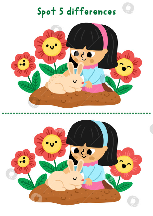 Скачать Игра для детей "Найди отличия в саду". Весеннее развивающее занятие с милой девочкой с кроликом, улыбающейся кавайными цветами на клумбе. Милая головоломка для детей. Рабочий лист для печати, страница для развития логики и внимания фотосток Ozero