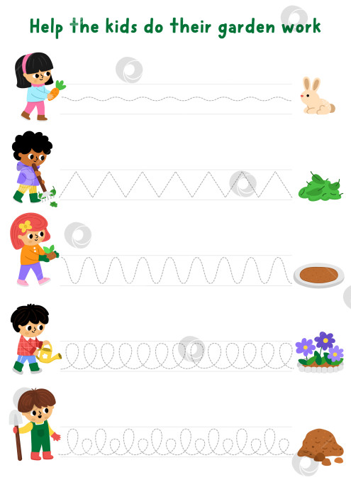 Скачать Векторный рабочий лист для отработки рукописного ввода в саду с детьми-садоводами, выполняющими садоводческие работы. Занятие для дошкольников, пригодное для печати. Весенняя игра для развития навыков письма с детьми фотосток Ozero